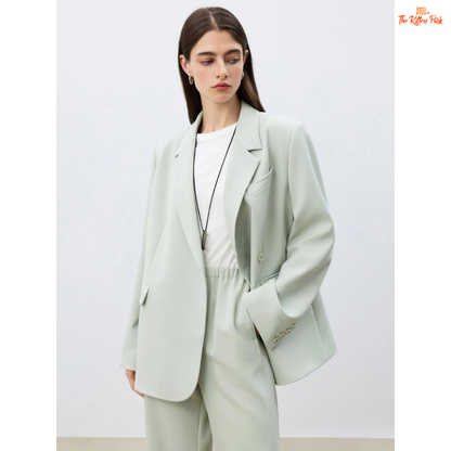 Women’s chic blazer jacket in polyester-spandex blend with single-breasted closure, button detail, and casual versatile design for spring and summer.