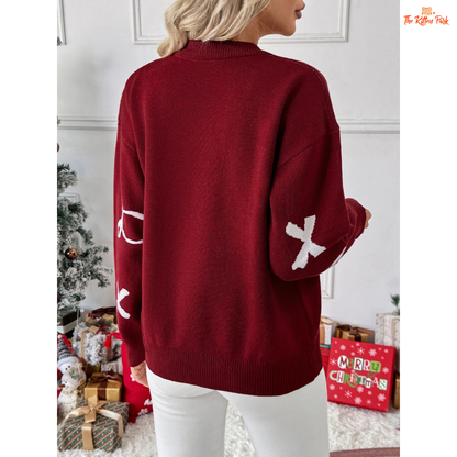 Christmas Bow Sweater with geometric knit pattern, regular fit, and high-stretch polyester — a festive red pullover perfect for winter holidays.