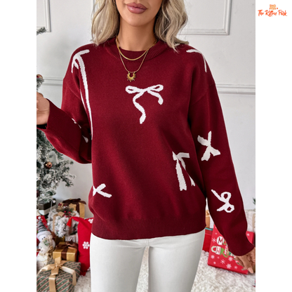 Christmas Bow Sweater with geometric knit pattern, regular fit, and high-stretch polyester — a festive red pullover perfect for winter holidays.