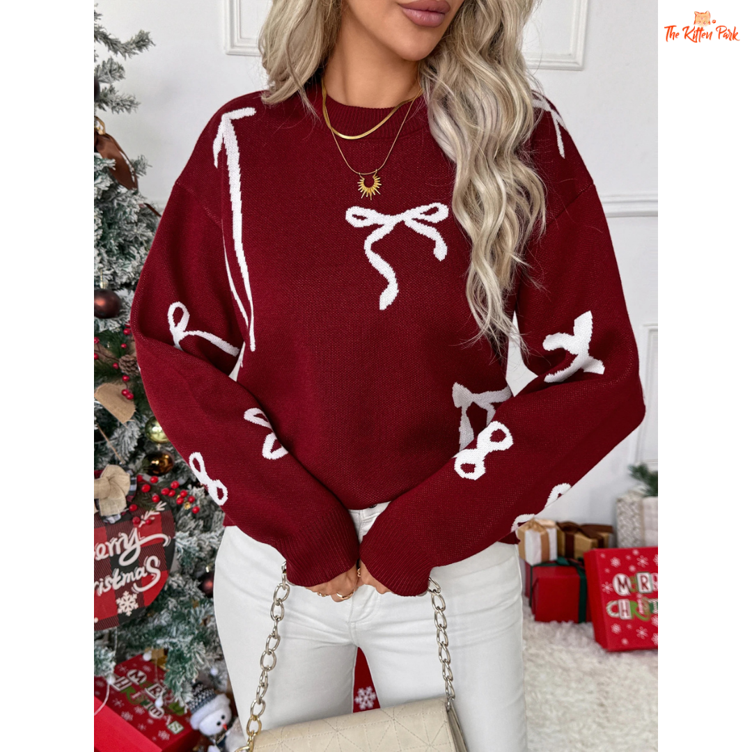 Christmas Bow Sweater with geometric knit pattern, regular fit, and high-stretch polyester — a festive red pullover perfect for winter holidays.