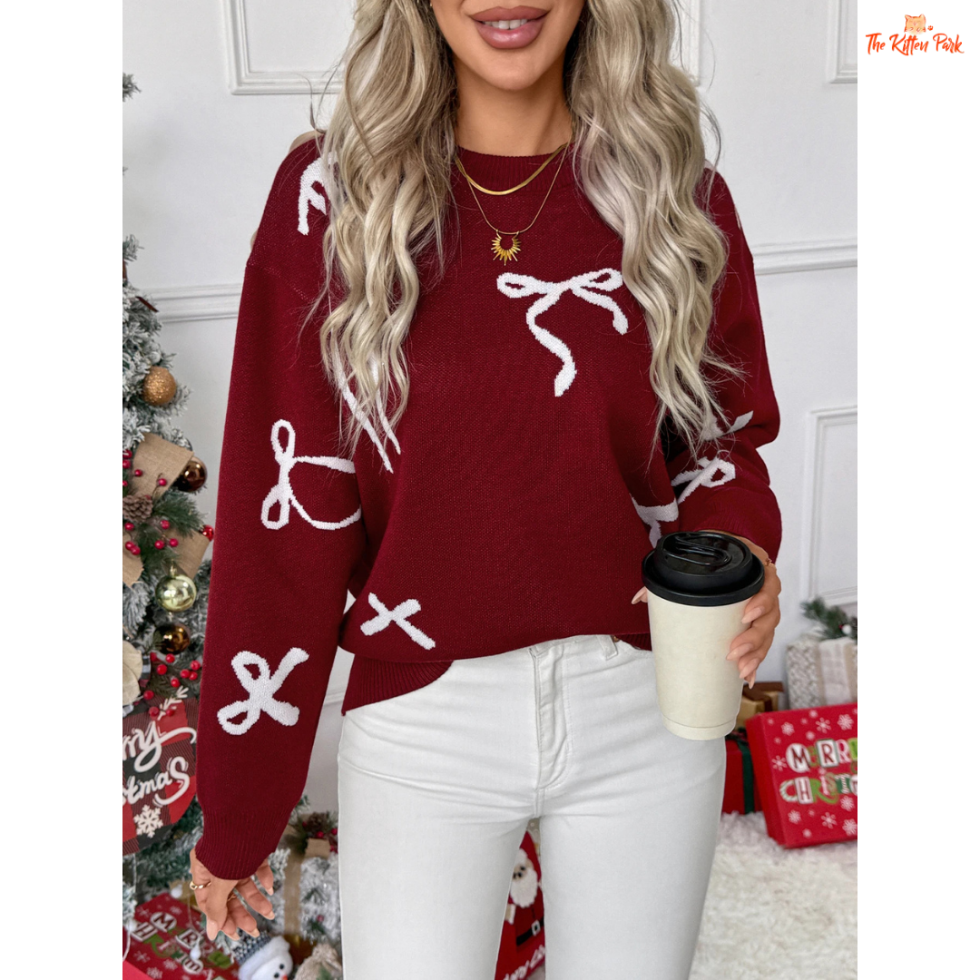 Christmas Bow Sweater with geometric knit pattern, regular fit, and high-stretch polyester — a festive red pullover perfect for winter holidays.