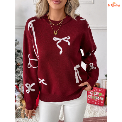Christmas Bow Sweater with geometric knit pattern, regular fit, and high-stretch polyester — a festive red pullover perfect for winter holidays.