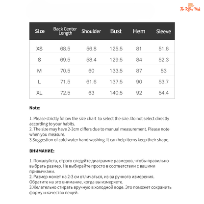 Size chart for clothing with measurements in centimeters