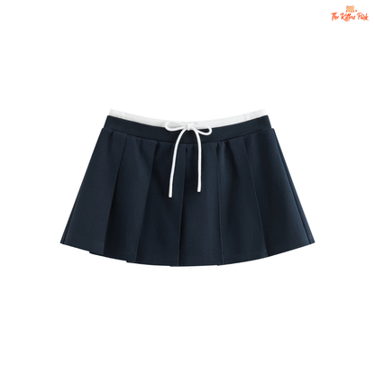 College Style Sweater Suit – Jacket & Pleated Skirt in preppy knit design with long sleeves, solid pattern, and mini A-line skirt for all seasons.