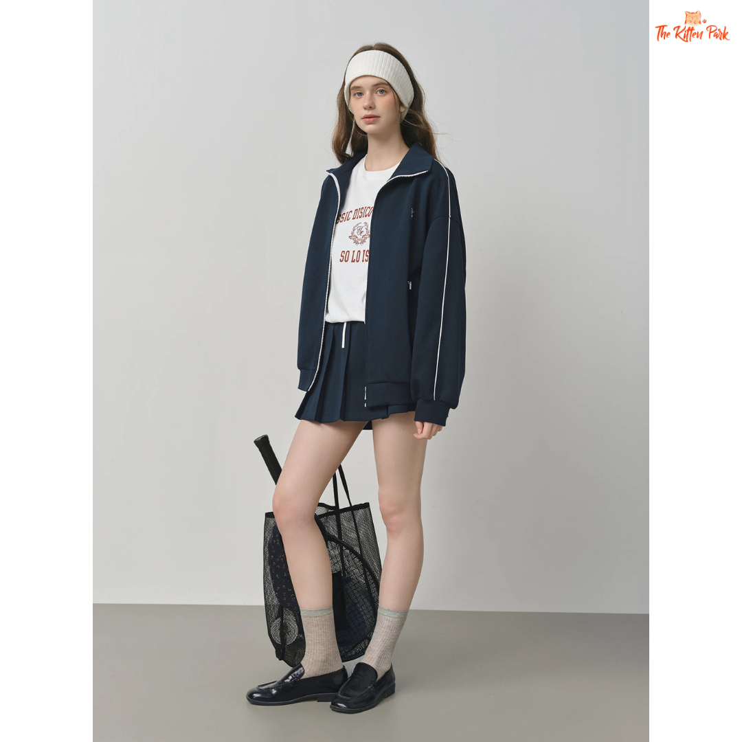 College Style Sweater Suit – Jacket & Pleated Skirt in preppy knit design with long sleeves, solid pattern, and mini A-line skirt for all seasons.