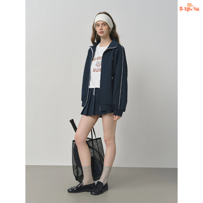 College Style Sweater Suit – Jacket & Pleated Skirt in preppy knit design with long sleeves, solid pattern, and mini A-line skirt for all seasons.