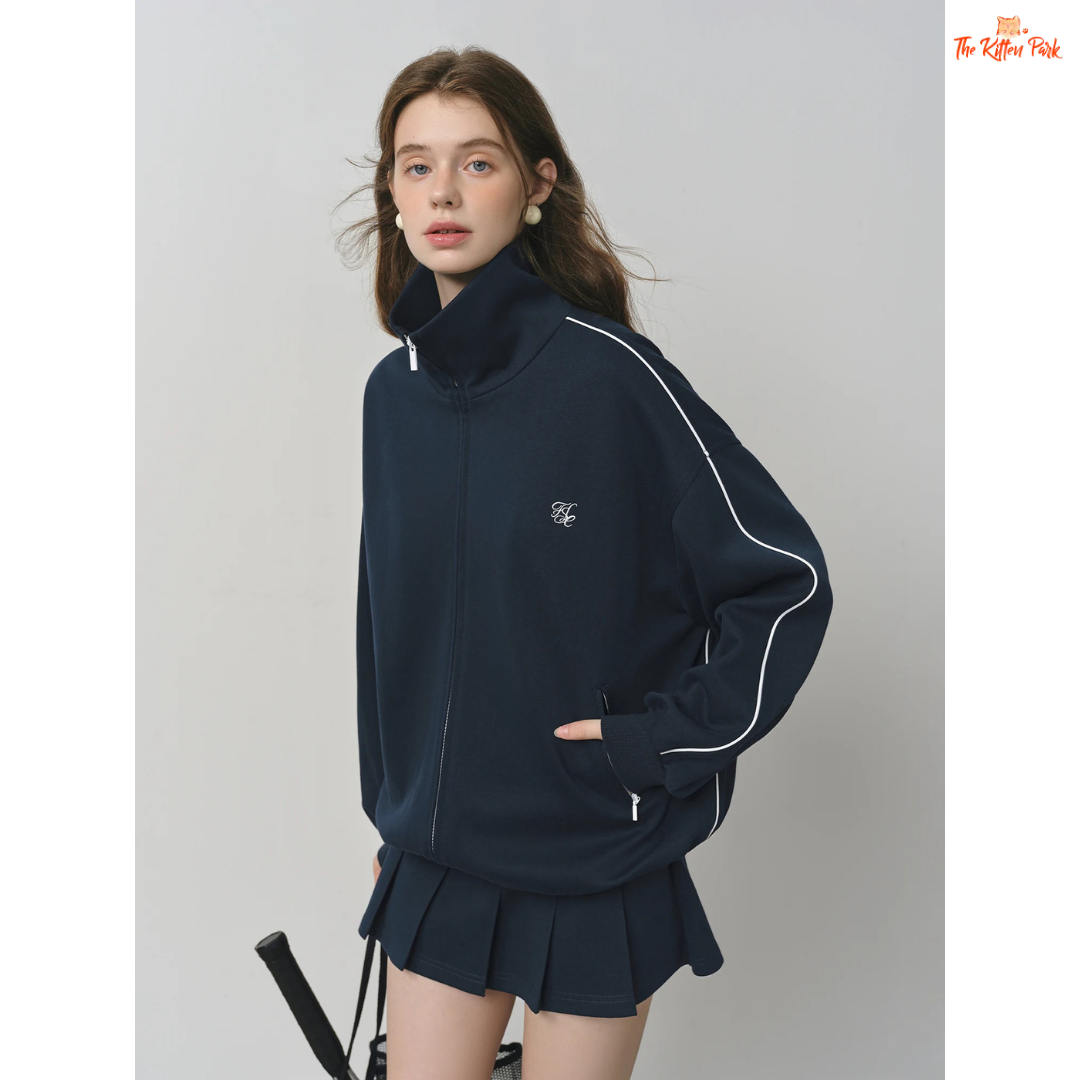 College Style Sweater Suit – Jacket & Pleated Skirt in preppy knit design with long sleeves, solid pattern, and mini A-line skirt for all seasons.