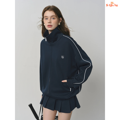 College Style Sweater Suit – Jacket & Pleated Skirt in preppy knit design with long sleeves, solid pattern, and mini A-line skirt for all seasons.
