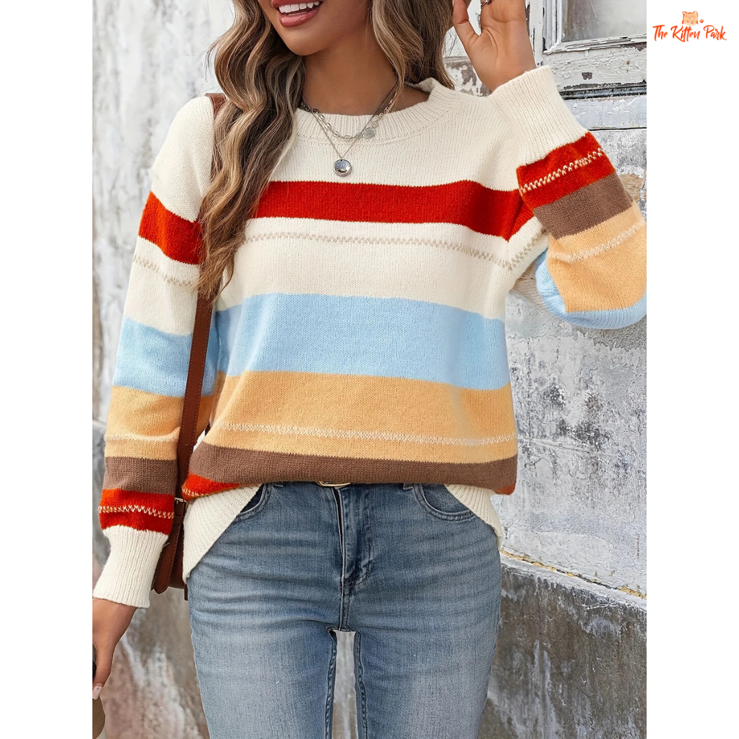 Color Block Knit Pullover with striped pattern, extra-heavy polyester knit, round neck, full sleeves, and regular fit for casual spring and autumn outfits.