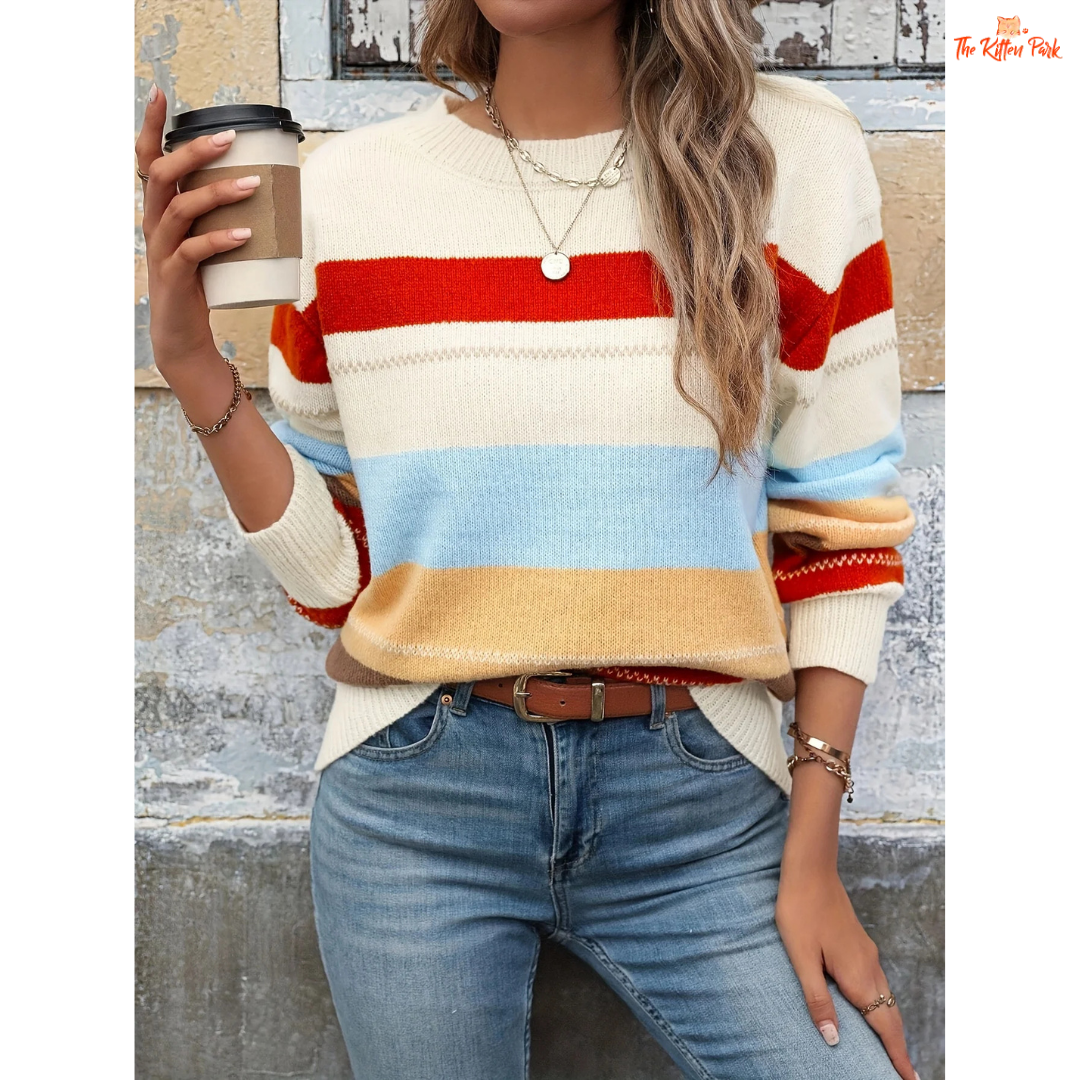 Color Block Knit Pullover with striped pattern, extra-heavy polyester knit, round neck, full sleeves, and regular fit for casual spring and autumn outfits.