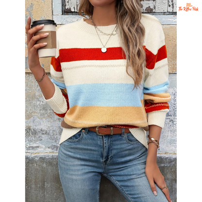 Color Block Knit Pullover with striped pattern, extra-heavy polyester knit, round neck, full sleeves, and regular fit for casual spring and autumn outfits.