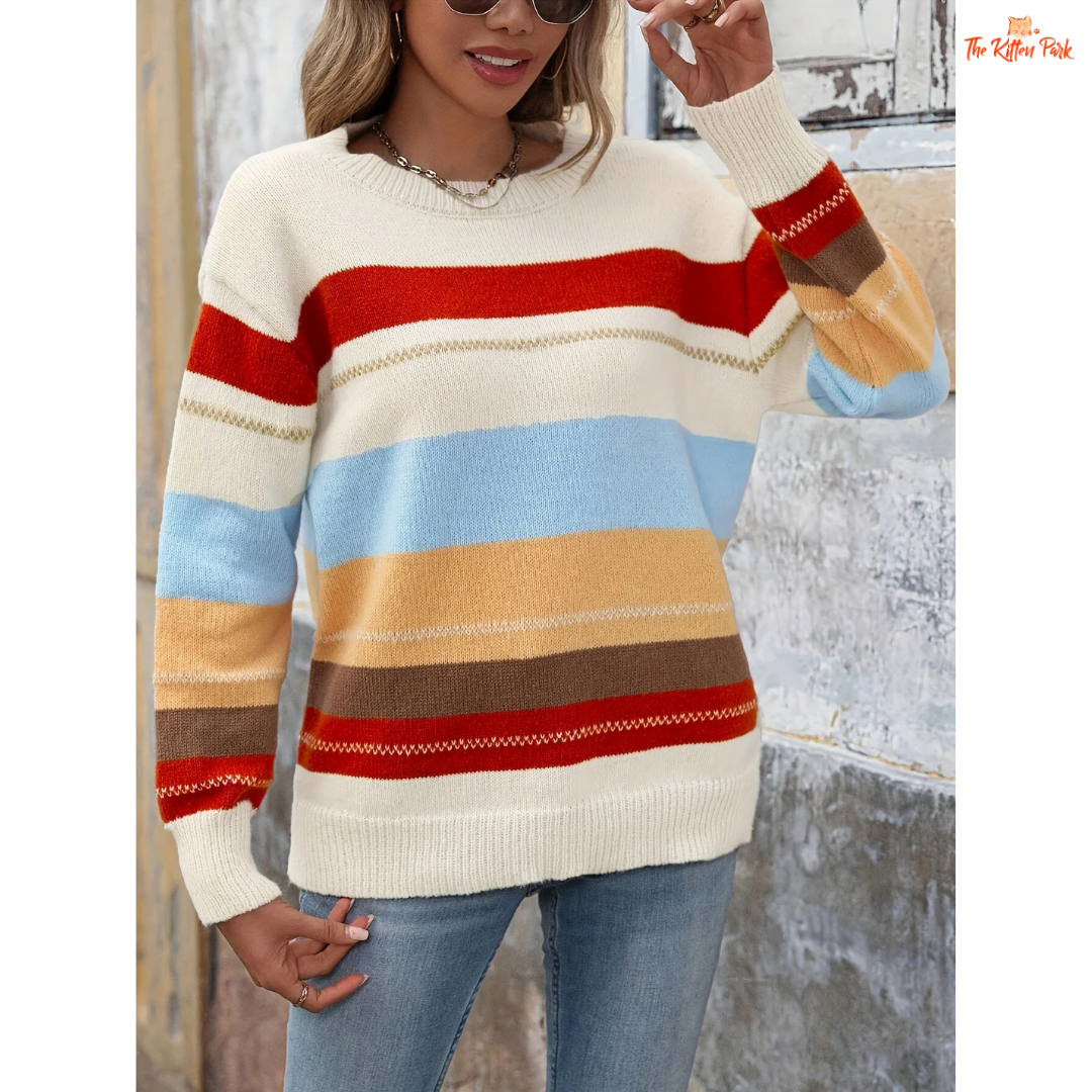 Color Block Knit Pullover with striped pattern, extra-heavy polyester knit, round neck, full sleeves, and regular fit for casual spring and autumn outfits.