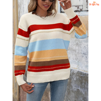 Color Block Knit Pullover with striped pattern, extra-heavy polyester knit, round neck, full sleeves, and regular fit for casual spring and autumn outfits.