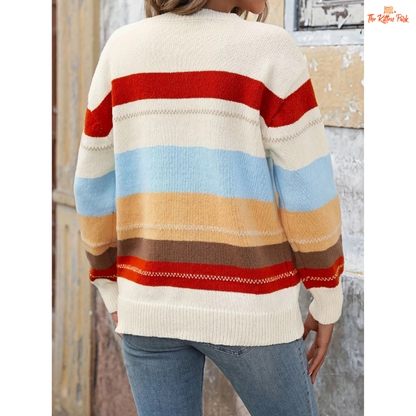 Color Block Knit Pullover with striped pattern, extra-heavy polyester knit, round neck, full sleeves, and regular fit for casual spring and autumn outfits.