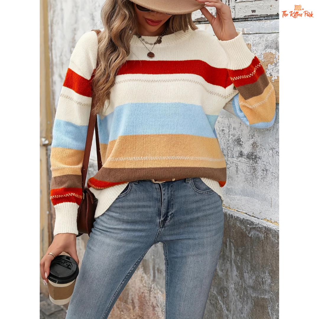 Color Block Knit Pullover with striped pattern, extra-heavy polyester knit, round neck, full sleeves, and regular fit for casual spring and autumn outfits.