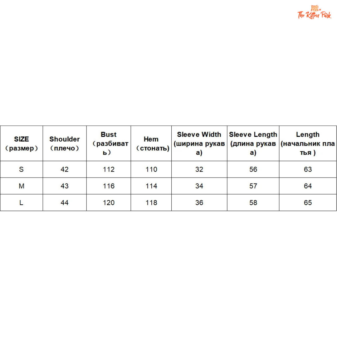Measurement chart for clothing sizes S, M, L with various dimensions.