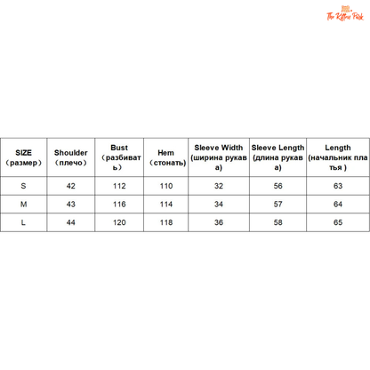 Measurement chart for clothing sizes S, M, L with various dimensions.