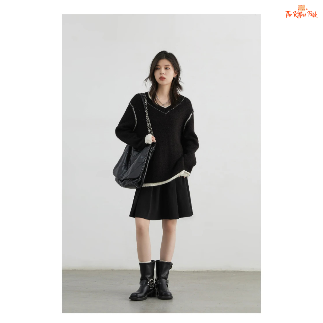 Color Block Knit Sweater – Autumn Winter 2026, loose-fit patchwork pullover with raglan sleeves, O-neck, spliced design in wool-blend knit.