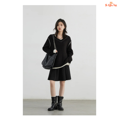 Color Block Knit Sweater – Autumn Winter 2026, loose-fit patchwork pullover with raglan sleeves, O-neck, spliced design in wool-blend knit.