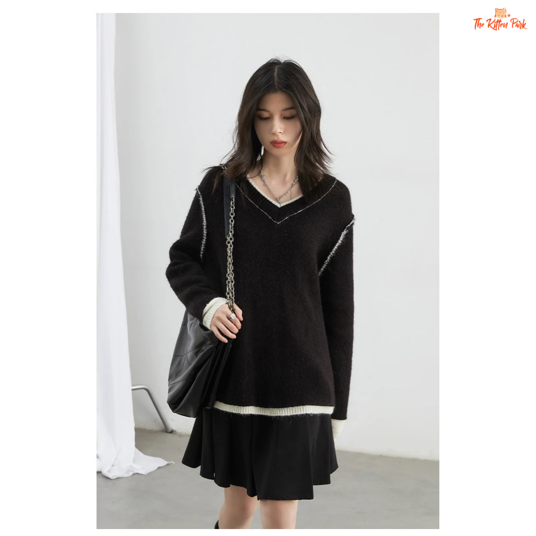 Color Block Knit Sweater – Autumn Winter 2026, loose-fit patchwork pullover with raglan sleeves, O-neck, spliced design in wool-blend knit.