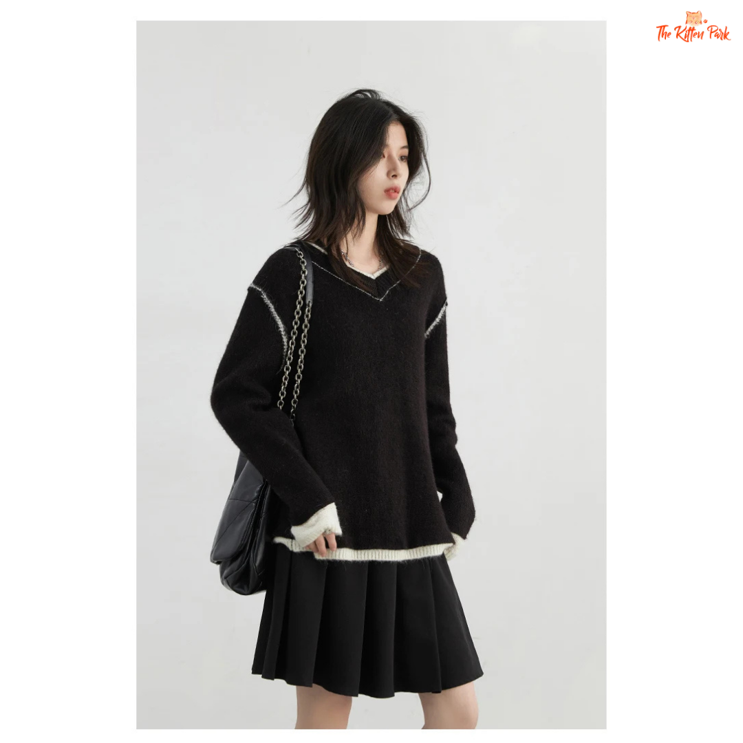 Color Block Knit Sweater – Autumn Winter 2026, loose-fit patchwork pullover with raglan sleeves, O-neck, spliced design in wool-blend knit.