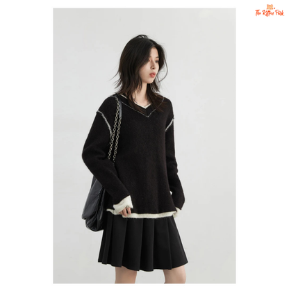 Color Block Knit Sweater – Autumn Winter 2026, loose-fit patchwork pullover with raglan sleeves, O-neck, spliced design in wool-blend knit.