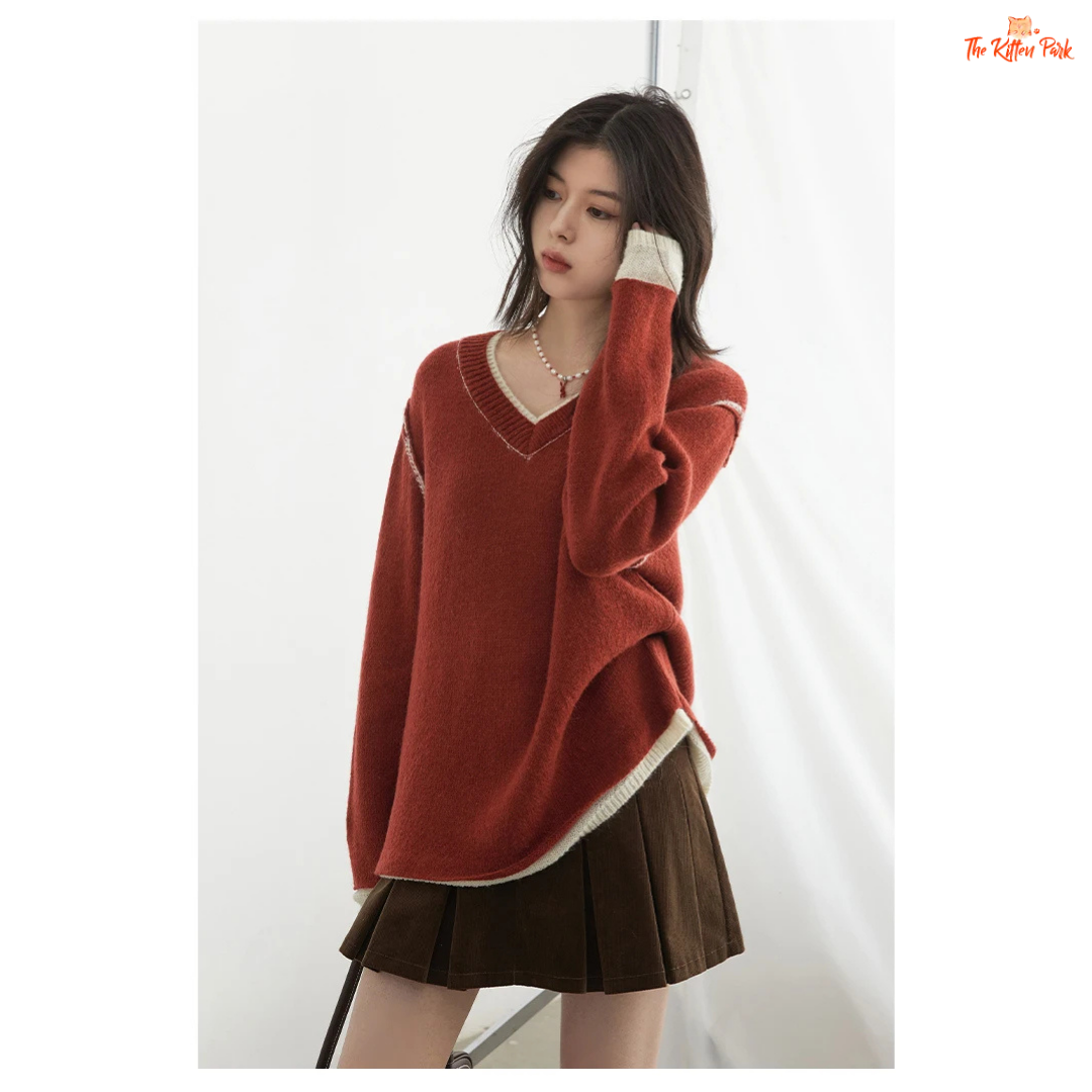 Color Block Knit Sweater – Autumn Winter 2026, loose-fit patchwork pullover with raglan sleeves, O-neck, spliced design in wool-blend knit.