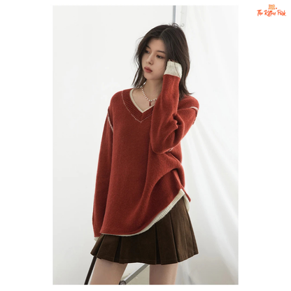 Color Block Knit Sweater – Autumn Winter 2026, loose-fit patchwork pullover with raglan sleeves, O-neck, spliced design in wool-blend knit.