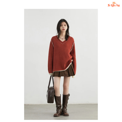Color Block Knit Sweater – Autumn Winter 2026, loose-fit patchwork pullover with raglan sleeves, O-neck, spliced design in wool-blend knit.