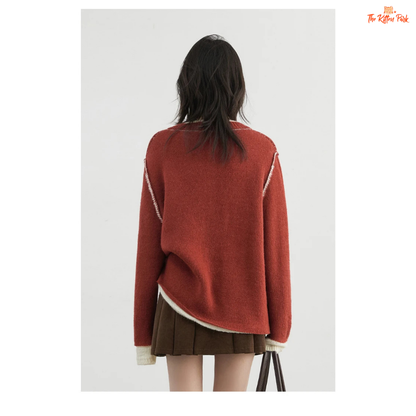 Color Block Knit Sweater – Autumn Winter 2026, loose-fit patchwork pullover with raglan sleeves, O-neck, spliced design in wool-blend knit.