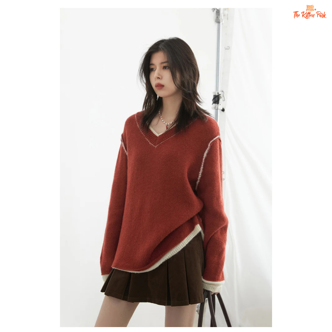 Color Block Knit Sweater – Autumn Winter 2026, loose-fit patchwork pullover with raglan sleeves, O-neck, spliced design in wool-blend knit.