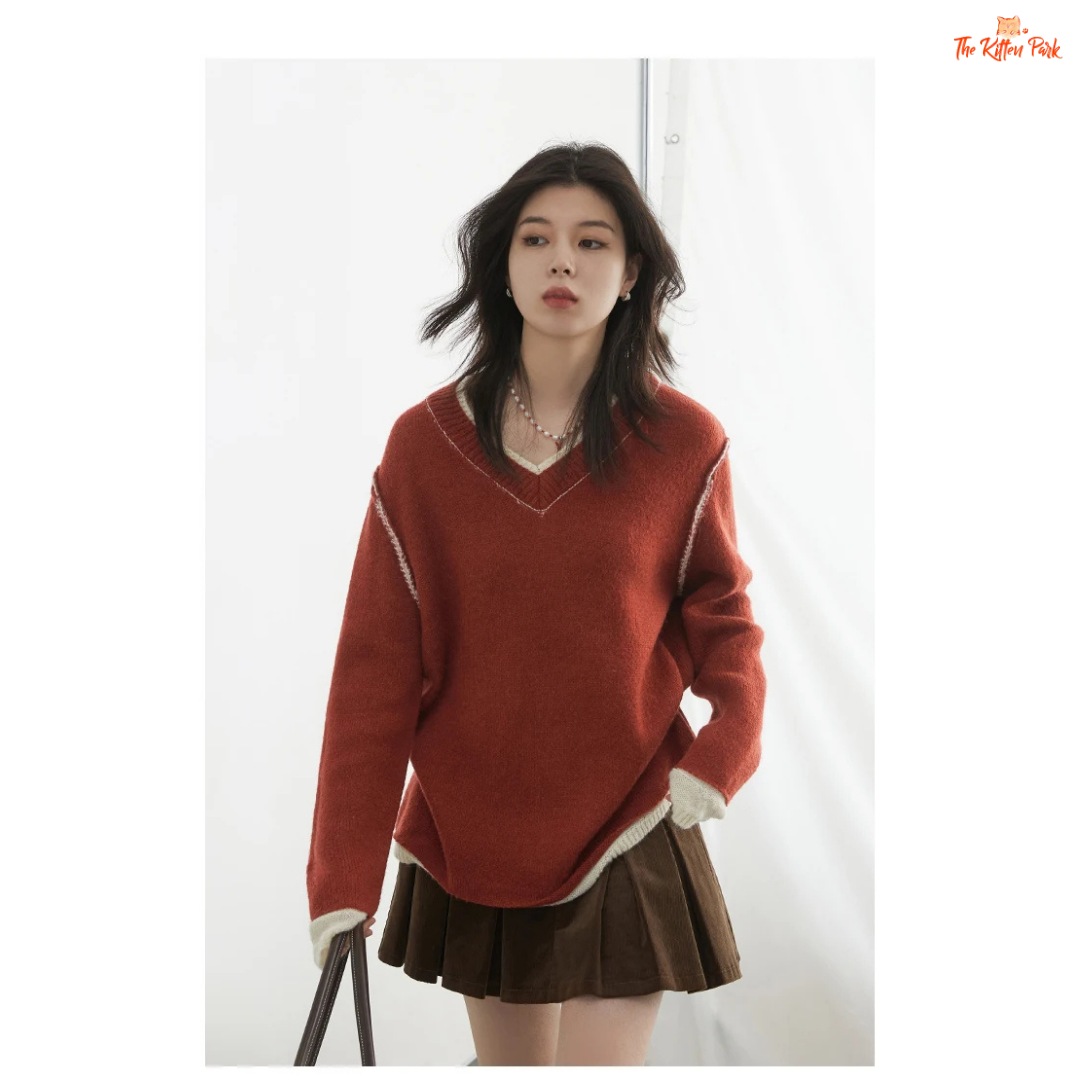 Color Block Knit Sweater – Autumn Winter 2026, loose-fit patchwork pullover with raglan sleeves, O-neck, spliced design in wool-blend knit.