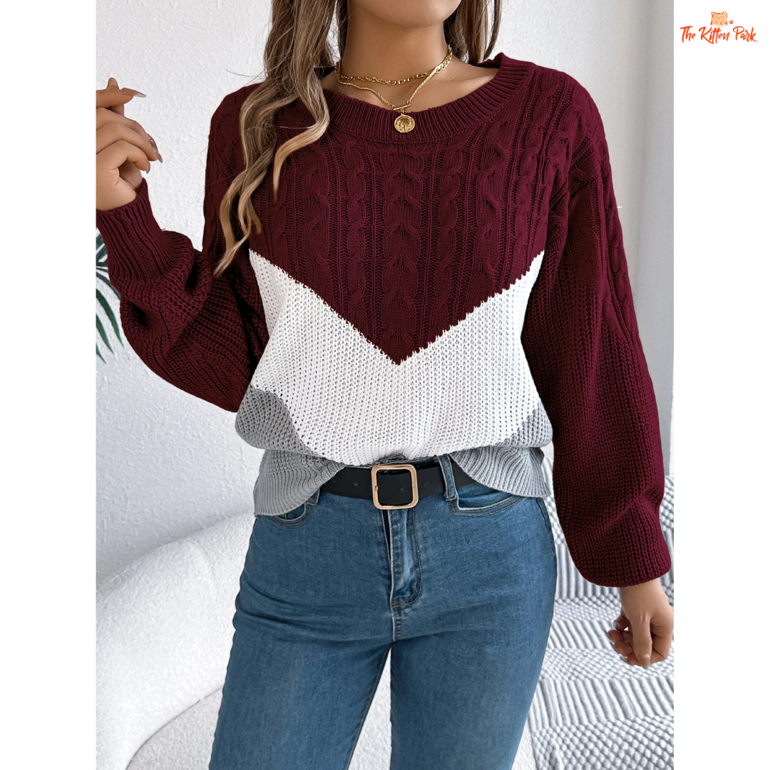 Color Block Round Neck Pullover Sweater for Women in acrylic knit with striped color block design for casual autumn and winter wear.