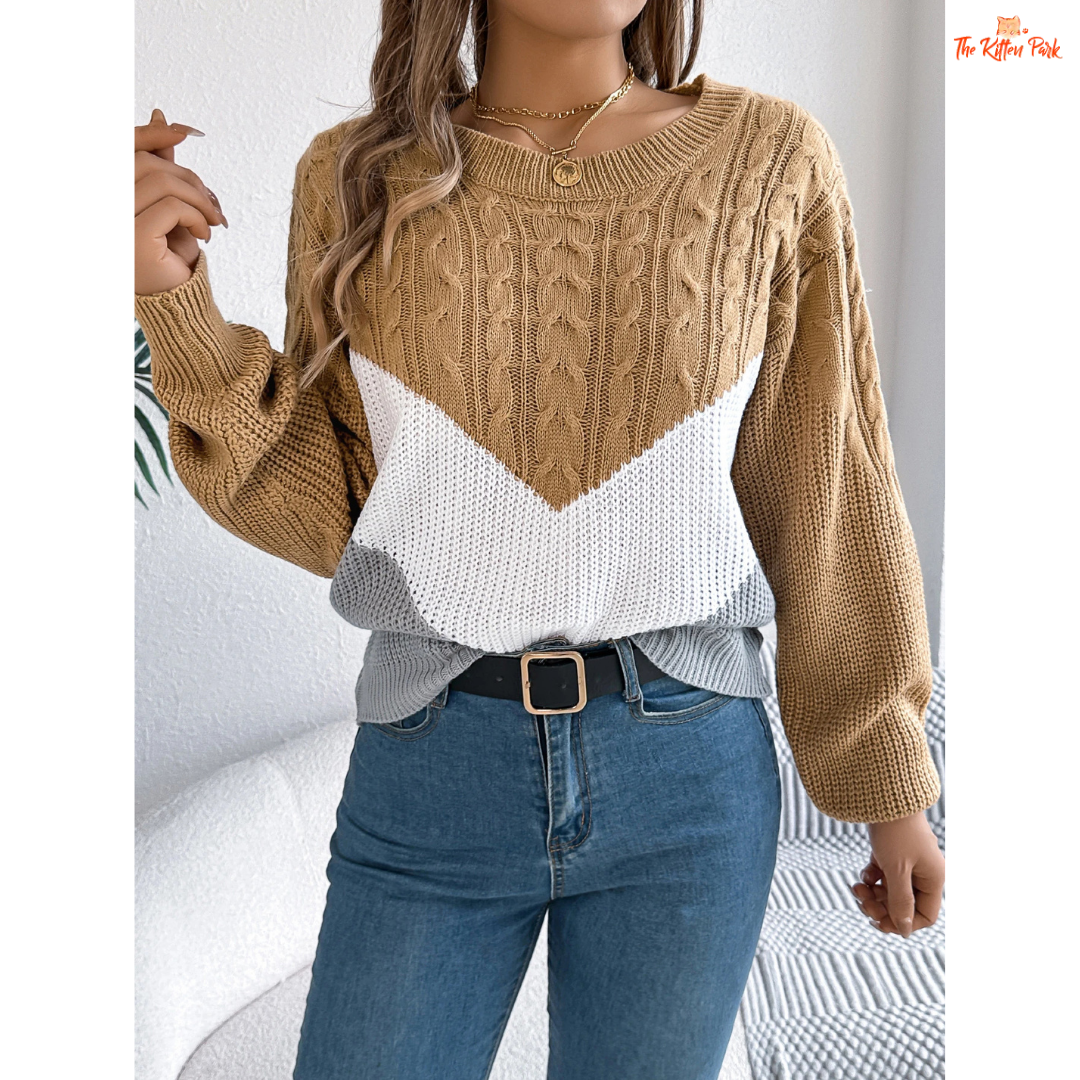 Color Block Round Neck Pullover Sweater for Women in acrylic knit with striped color block design for casual autumn and winter wear.