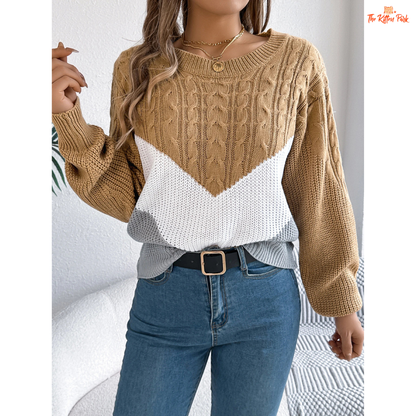 Color Block Round Neck Pullover Sweater for Women in acrylic knit with striped color block design for casual autumn and winter wear.