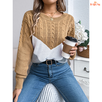 Color Block Round Neck Pullover Sweater for Women in acrylic knit with striped color block design for casual autumn and winter wear.