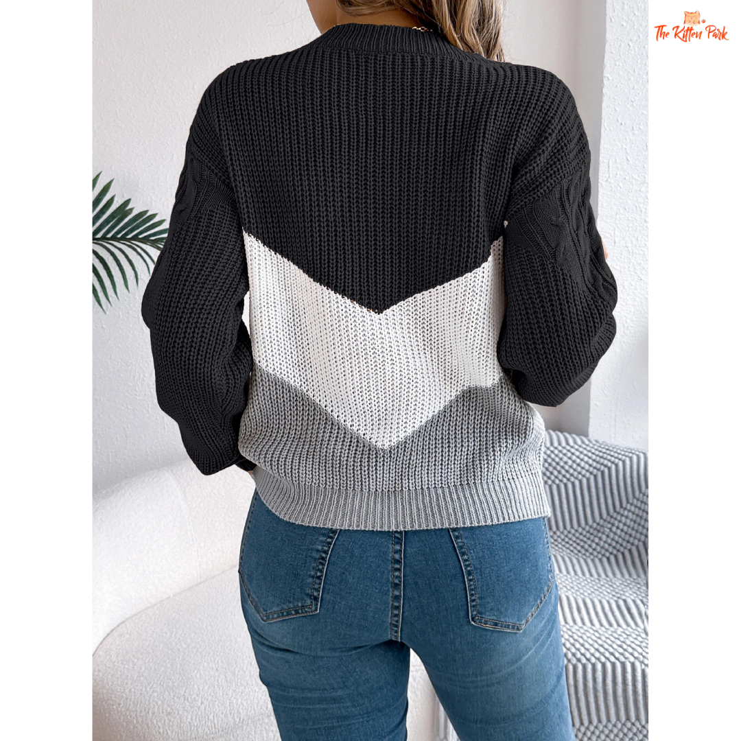 Color Block Round Neck Pullover Sweater for Women in acrylic knit with striped color block design for casual autumn and winter wear.