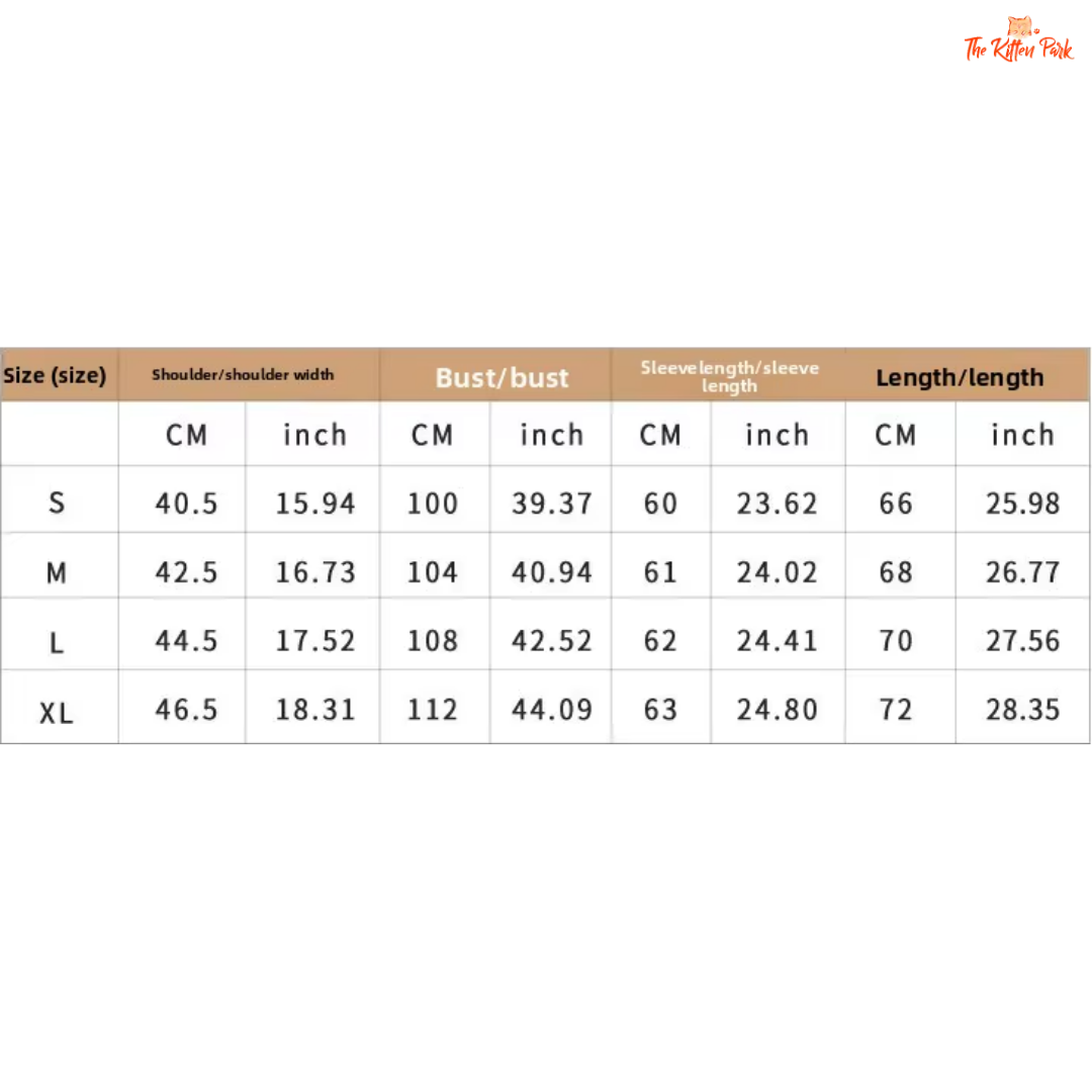 Size chart for clothing with measurements in centimeters and inches on a white background.