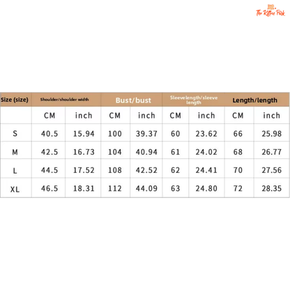 Size chart for clothing with measurements in centimeters and inches on a white background.