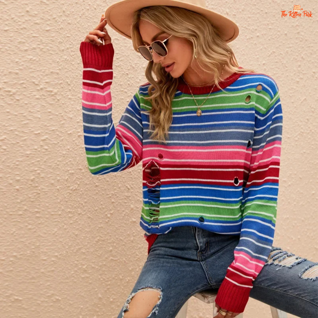 A colorful striped knit sweater vest for women featuring an O-neck, loose fit, and pullover design — ideal for autumn and winter layered office looks.