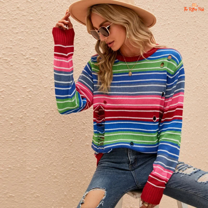 A colorful striped knit sweater vest for women featuring an O-neck, loose fit, and pullover design — ideal for autumn and winter layered office looks.
