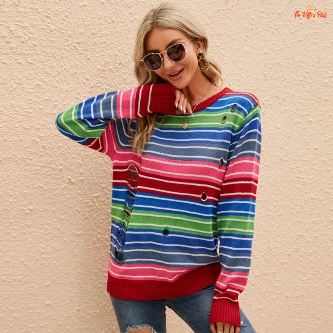 A colorful striped knit sweater vest for women featuring an O-neck, loose fit, and pullover design — ideal for autumn and winter layered office looks.