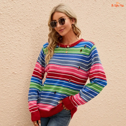 A colorful striped knit sweater vest for women featuring an O-neck, loose fit, and pullover design — ideal for autumn and winter layered office looks.