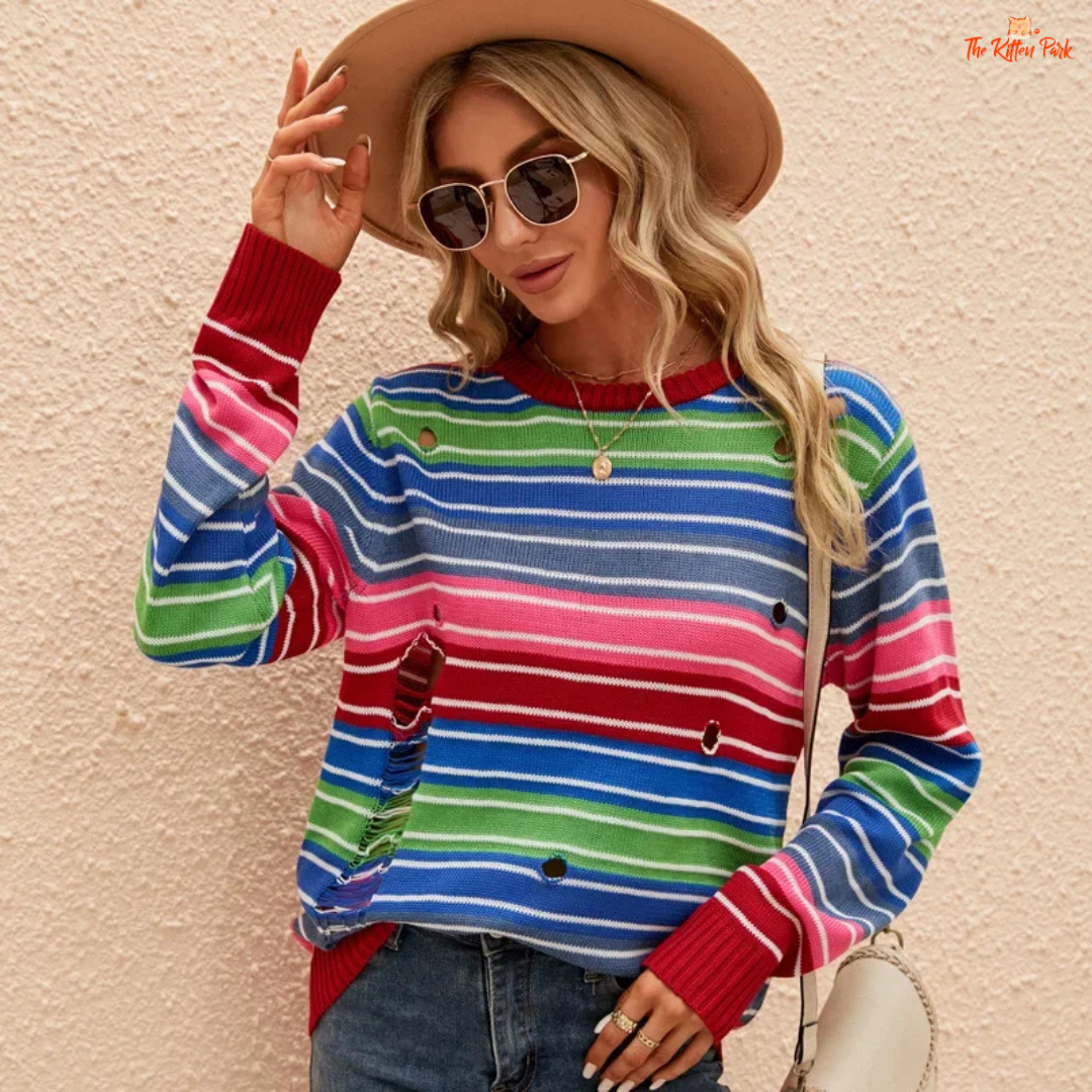 A colorful striped knit sweater vest for women featuring an O-neck, loose fit, and pullover design — ideal for autumn and winter layered office looks.