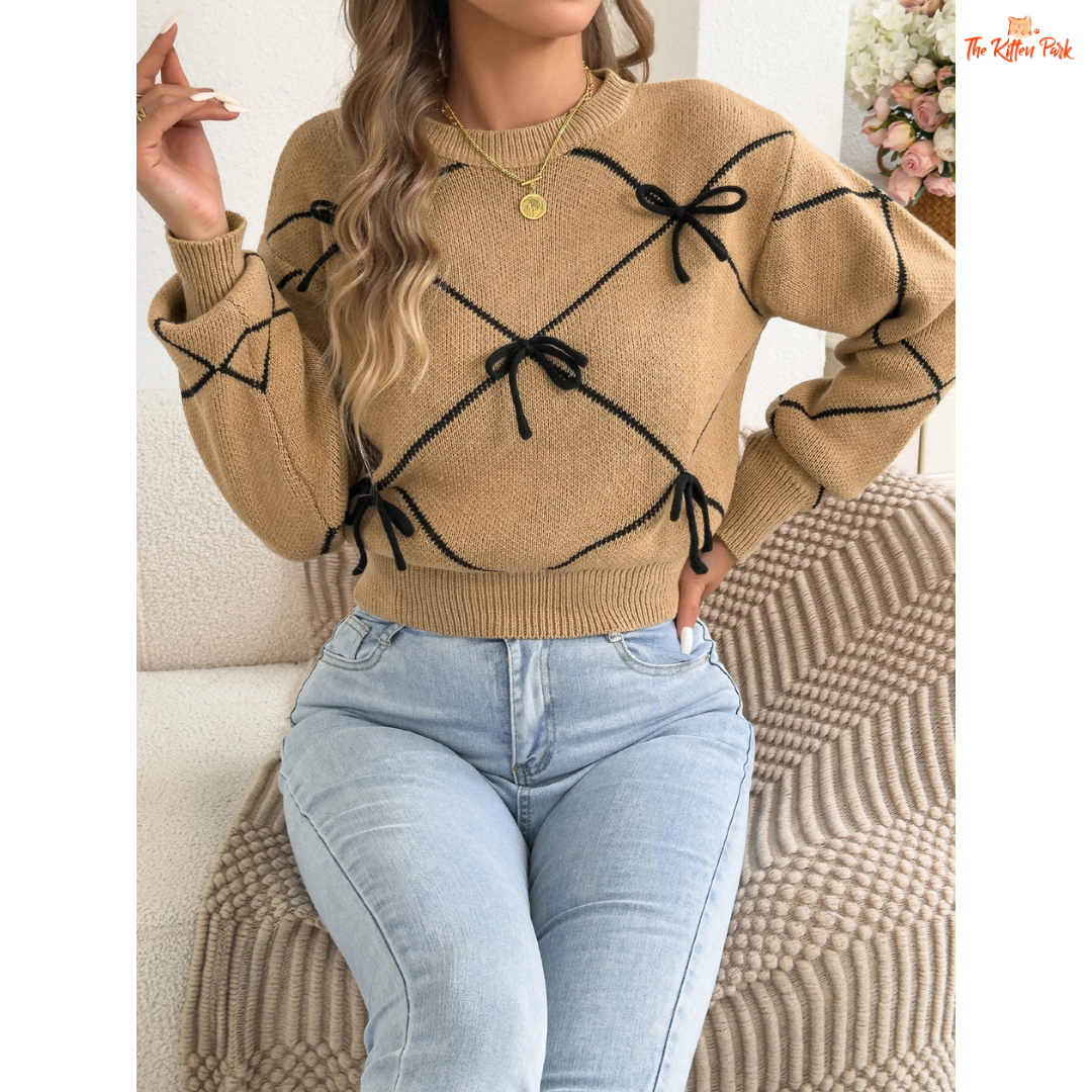 Contrast Color Bow Knit Sweater featuring pink lantern sleeves, soft acrylic knit fabric, and bow accents for a feminine autumn-winter style.