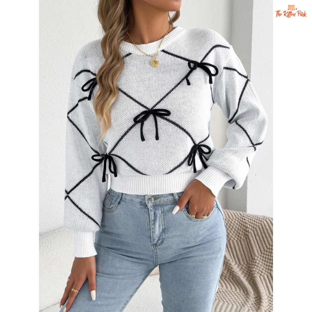 Contrast Color Bow Knit Sweater featuring pink lantern sleeves, soft acrylic knit fabric, and bow accents for a feminine autumn-winter style.