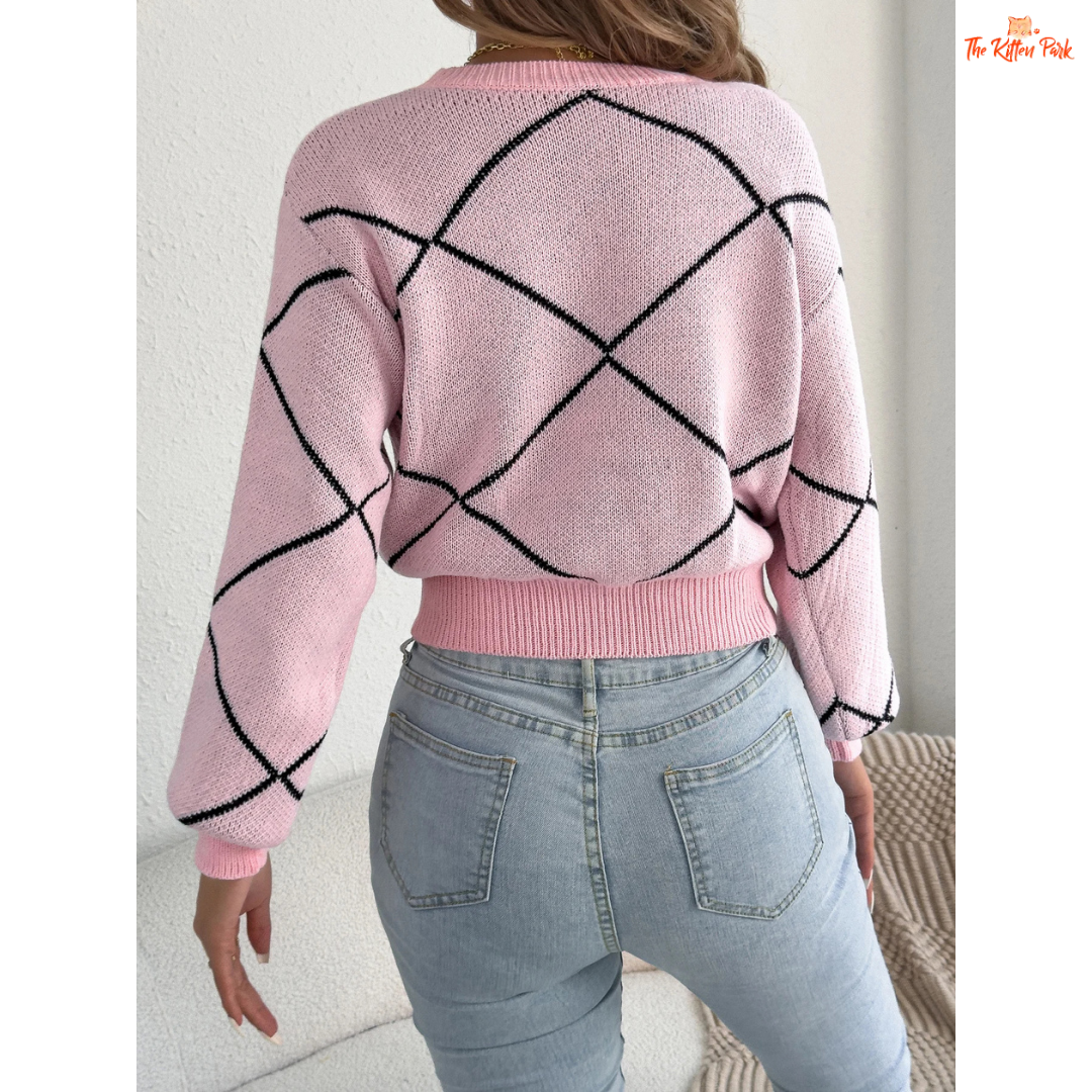 Contrast Color Bow Knit Sweater featuring pink lantern sleeves, soft acrylic knit fabric, and bow accents for a feminine autumn-winter style.
