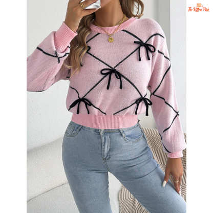 Contrast Color Bow Knit Sweater featuring pink lantern sleeves, soft acrylic knit fabric, and bow accents for a feminine autumn-winter style.