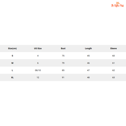 Size chart for clothing with measurements in centimeters and US sizes.