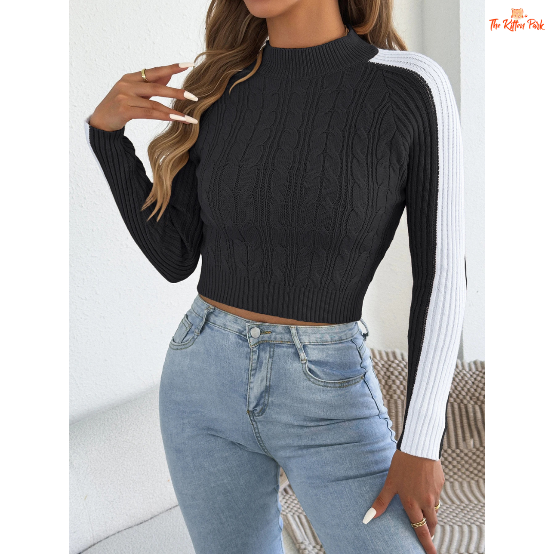 Women’s Contrast Color Striped Sweater featuring bold horizontal stripes, lantern sleeves, and slim fit knit design in off-white tones for autumn and winter wear.